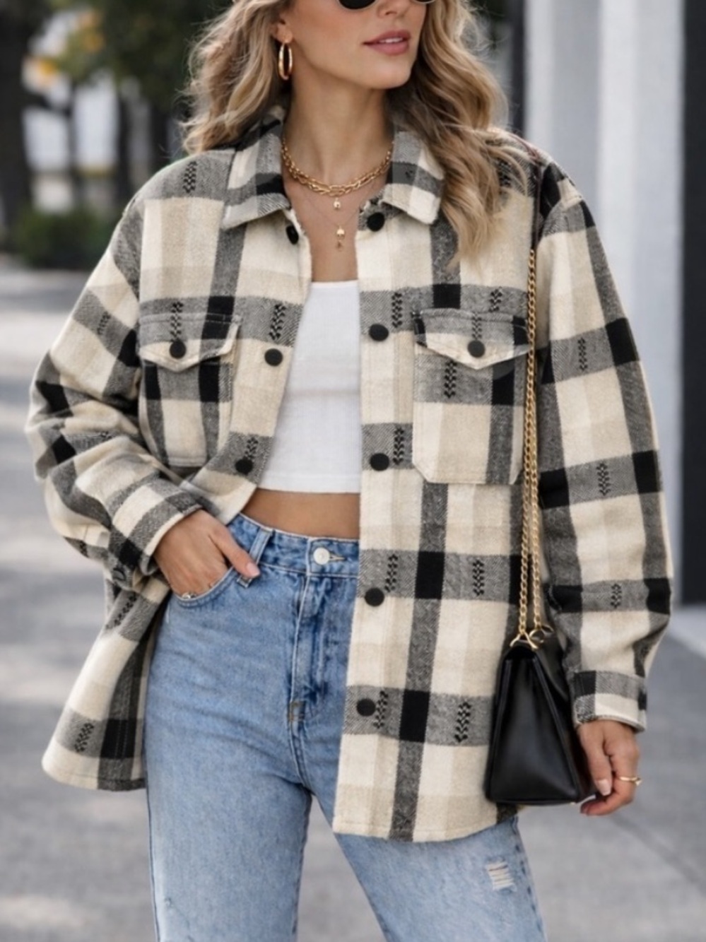 Lucky Brand Plaid Shacket Shirt Jacket in Cream and Black - Sz. S